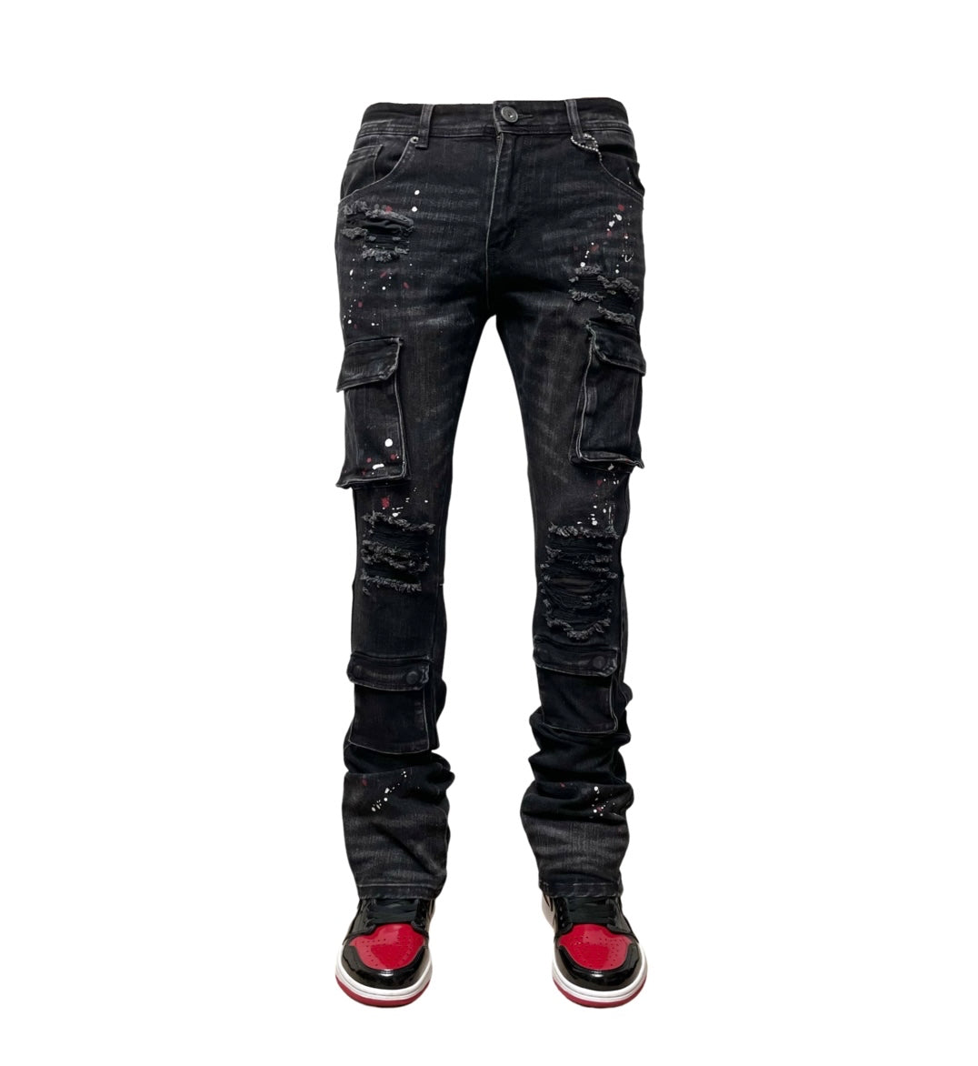 Vicious rip and repaired stacked cargo jeans chrome black