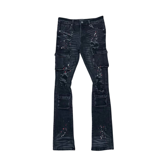 Vicious rip and repaired stacked cargo jeans chrome black